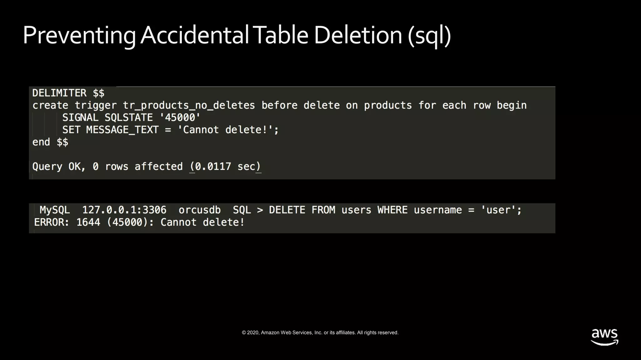 © 2020, Amazon Web Services, Inc. or its affiliates. All rights reserved.
PreventingAccidentalTableDeletion (sql)
 
