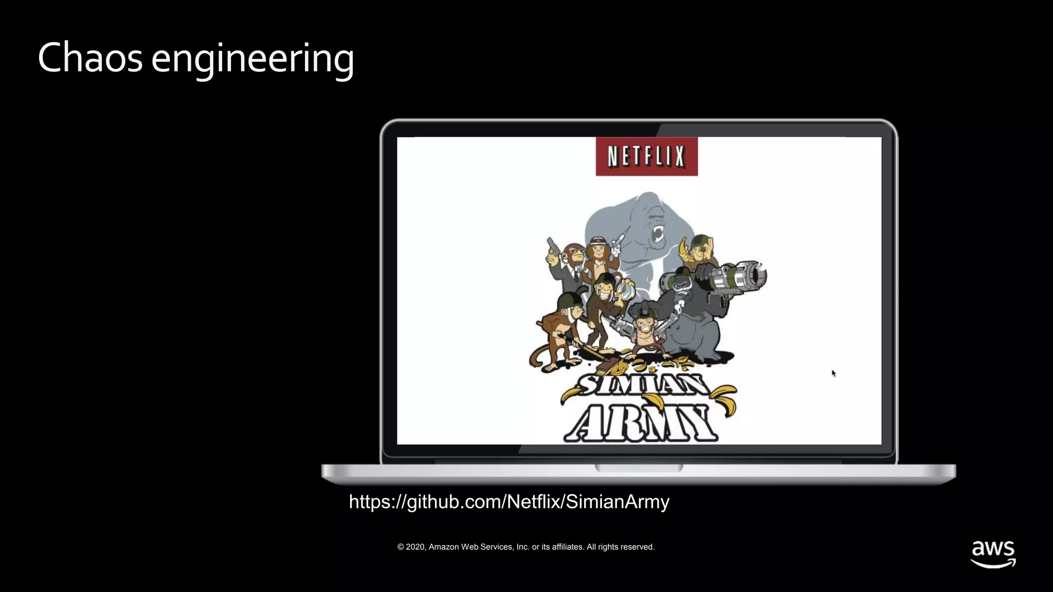 © 2020, Amazon Web Services, Inc. or its affiliates. All rights reserved.
Chaosengineering
https://github.com/Netflix/SimianArmy
 