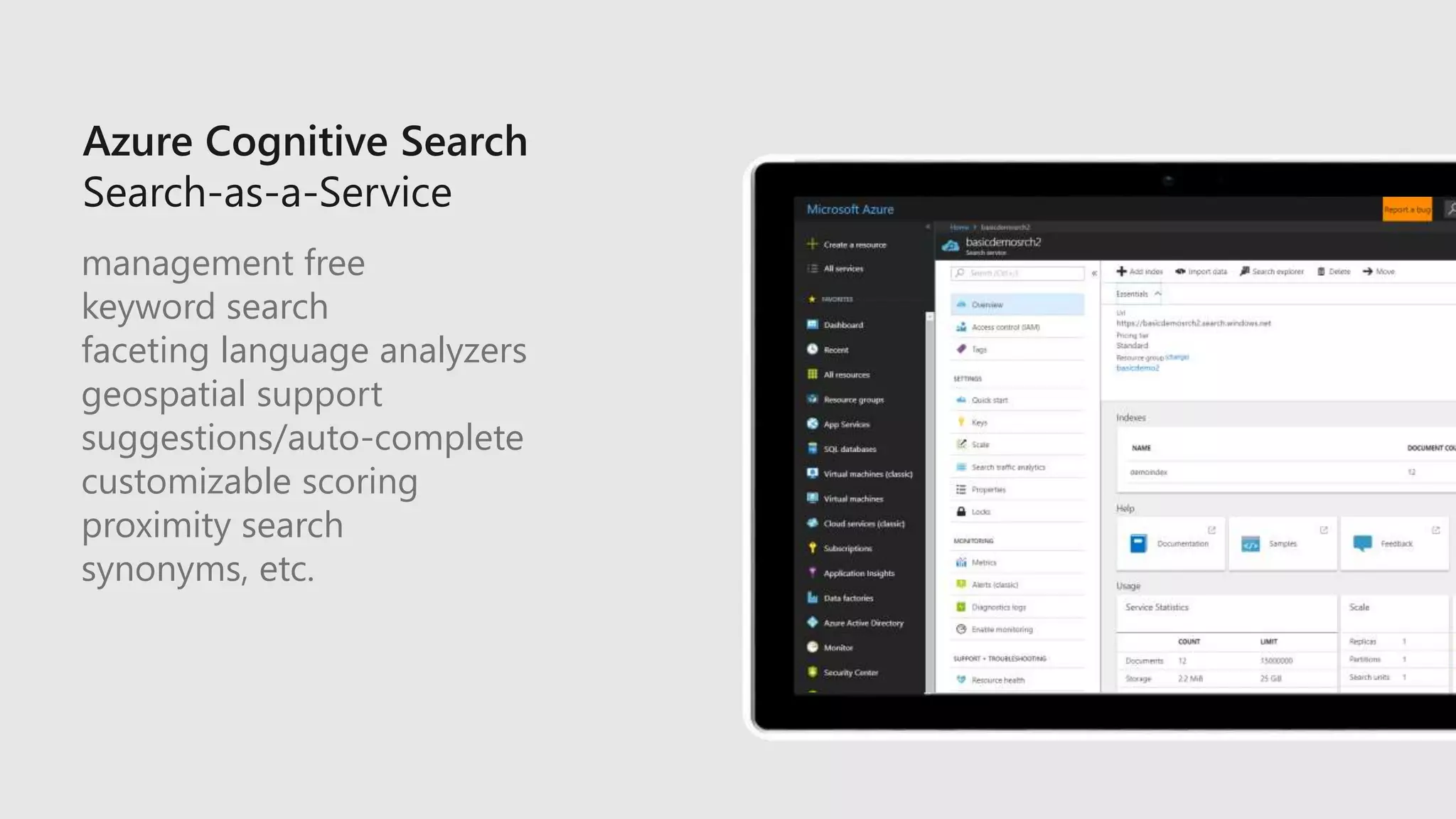 management free
keyword search
faceting language analyzers
geospatial support
suggestions/auto-complete
customizable scoring
proximity search
synonyms, etc.
 