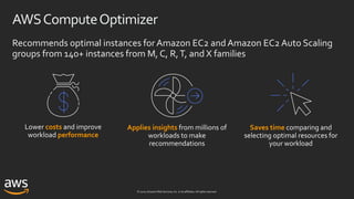 © 2020, Amazon Web Services, Inc. or its affiliates. All rights reserved.
AWSComputeOptimizer
Recommends optimal instances for Amazon EC2 and Amazon EC2 Auto Scaling
groups from 140+ instances from M, C, R,T, and X families
Applies insights Saves timeLower costs
performance
 