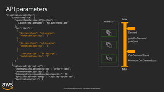 © 2020, Amazon Web Services, Inc. or its affiliates. All rights reserved.
APIparameters
"MixedInstancesPolicy": {
"LaunchTemplate": {
"LaunchTemplateSpecification": {
"LaunchTemplateName": "MyLaunchTemplate"
},
"Overrides": [
{
"InstanceType": "m4.xLarge",
"WeightedCapacity": "1"
},
{
"InstanceType": "m4.2xLarge",
"WeightedCapacity": "2"
},
{
"InstanceType": "m4.4xLarge",
"WeightedCapacity": "4"
}
]
},
"InstancesDistribution": {
"OnDemandAllocationStrategy": "prioritized",
"OnDemandBaseCapacity": 10,
"OnDemandPercentageAboveBaseCapacity": 50,
"SpotAllocationStrategy": “capacity-optimized",
"SpotInstancePools": 2
}
}
AZ1 and AZ2
Desired
Min
Max
On-Demand base
50% On-Demand
50% Spot
Minimum On-Demand (10)
 