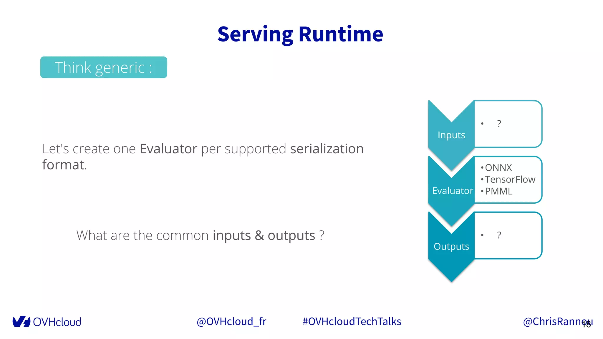@OVHcloud_fr #OVHcloudTechTalks @ChrisRannou
Serving Runtime
18
Inputs
•     ?
 Evaluator
•ONNX
•TensorFlow
•PMML
Outputs
•     ?
Think generic :
Let's create one Evaluator per supported serialization
format.
          What are the common inputs & outputs ?
 