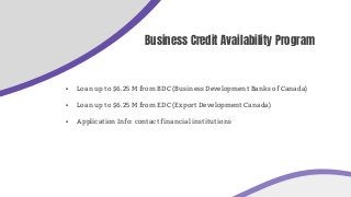 Business Credit Availability Program
▪ Loan up to $6.25 M from BDC (Business Development Banks of Canada)
▪ Loan up to $6....