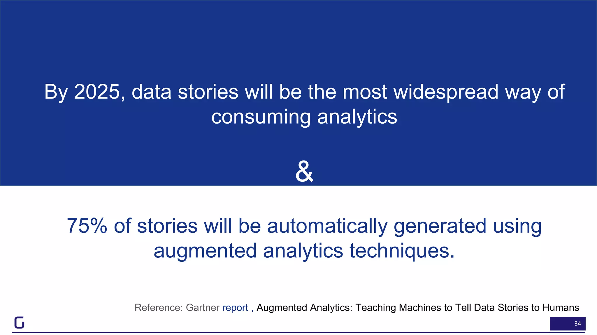 34
By 2025, data stories will be the most widespread way of
consuming analytics
&
75% of stories will be automatically generated using
augmented analytics techniques.
Reference: Gartner report , Augmented Analytics: Teaching Machines to Tell Data Stories to Humans
 