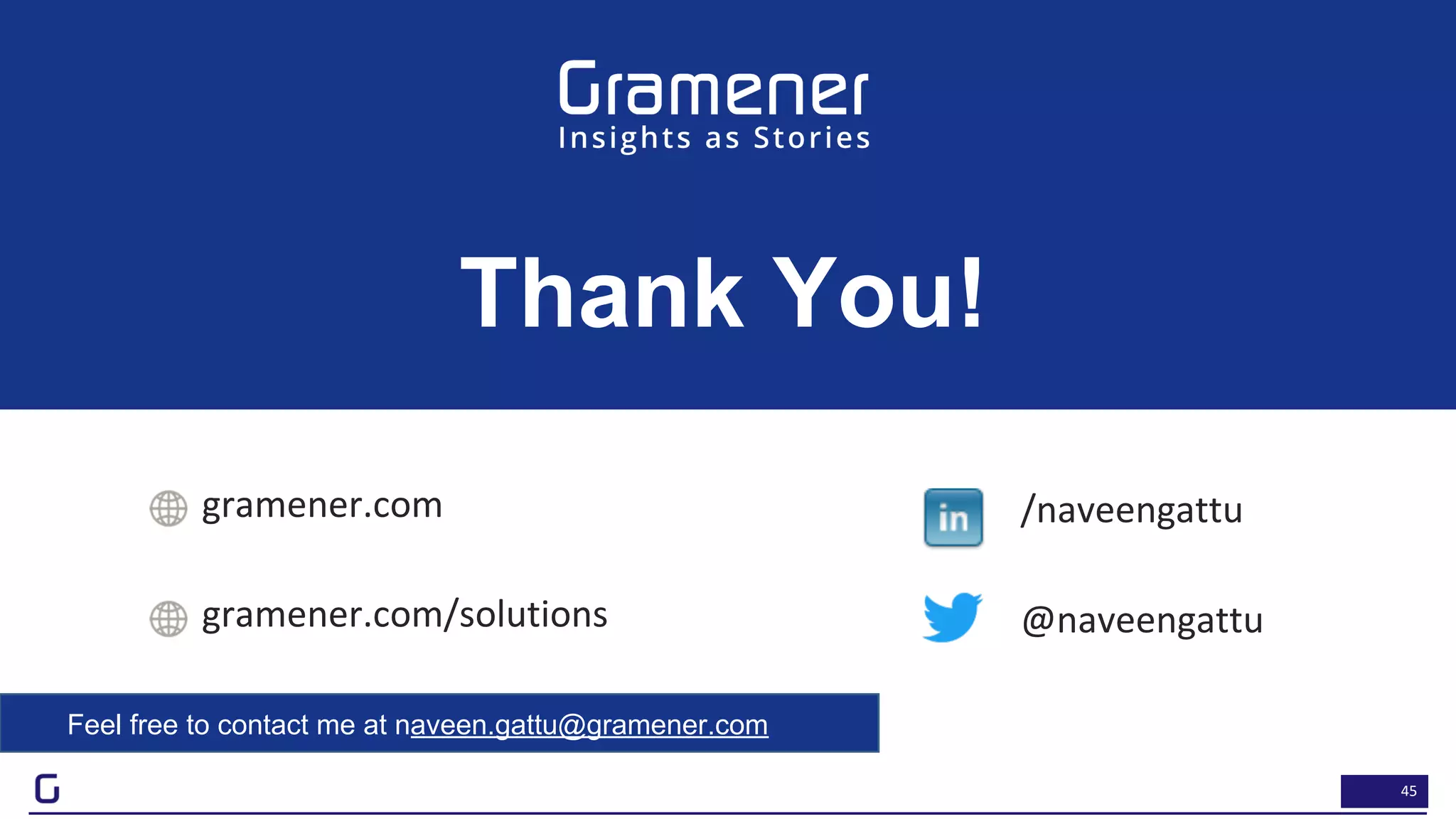 45
@naveengattu
Thank You!
gramener.com /naveengattu
gramener.com/solutions
Feel free to contact me at naveen.gattu@gramener.com
 