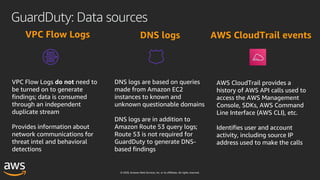 © 2020, Amazon Web Services, Inc. or its affiliates. All rights reserved.
GuardDuty: Data sources
VPC Flow Logs
VPC Flow Logs do not need to
be turned on to generate
findings; data is consumed
through an independent
duplicate stream
Provides information about
network communications for
threat intel and behavioral
detections
DNS logs
DNS logs are based on queries
made from Amazon EC2
instances to known and
unknown questionable domains
DNS logs are in addition to
Amazon Route 53 query logs;
Route 53 is not required for
GuardDuty to generate DNS-
based findings
AWS CloudTrail events
AWS CloudTrail provides a
history of AWS API calls used to
access the AWS Management
Console, SDKs, AWS Command
Line Interface (AWS CLI), etc.
Identifies user and account
activity, including source IP
address used to make the calls
 