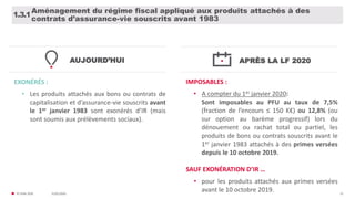 31/01/2020© FIDAL 2020 13
Aménagement du régime fiscal appliqué aux produits attachés à des
contrats d’assurance-vie souscrits avant 1983
1.3.1
APRÈS LA LF 2020
IMPOSABLES :
• A compter du 1er janvier 2020:
Sont imposables au PFU au taux de 7,5%
(fraction de l’encours ≤ 150 K€) ou 12,8% (ou
sur option au barème progressif) lors du
dénouement ou rachat total ou partiel, les
produits de bons ou contrats souscrits avant le
1er janvier 1983 attachés à des primes versées
depuis le 10 octobre 2019.
SAUF EXONÉRATION D’IR …
• pour les produits attachés aux primes versées
avant le 10 octobre 2019.
AUJOURD’HUI
EXONÉRÉS :
• Les produits attachés aux bons ou contrats de
capitalisation et d’assurance-vie souscrits avant
le 1er janvier 1983 sont exonérés d’IR (mais
sont soumis aux prélèvements sociaux).
 
