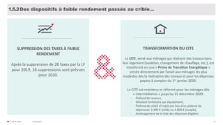 31/01/2020© FIDAL 2020 25
Des dispositifs à faible rendement passés au crible…1.5.2
SUPPRESSION DES TAXES À FAIBLE
RENDEMENT
Après la suppression de 26 taxes par la LF
pour 2019, 18 suppressions sont prévues
pour 2020.
TRANSFORMATION DU CITE
Le CITE, versé aux ménages qui réalisent des travaux dans
leur logement (isolation, changement de chauffage, etc.), est
transformé en une « Prime de Transition Energétique »
versée directement par l’anah aux ménages les plus
modestes dès la réalisation des travaux et pour les dépenses
payées à compter du 1er janvier 2020.
Le CITE est maintenu et réformé pour les ménages dits
« intermédiaires » jusqu’au 31 décembre 2020:
- Plafond de revenus,
- Montant forfaitaire par équipement,
- Plafond de crédit d’impôt (au lieu d’un plafond de
dépenses): 2.400 € (célib) ou 4.800 € (couple),
- Aménagement de la liste des dépenses éligibles
 