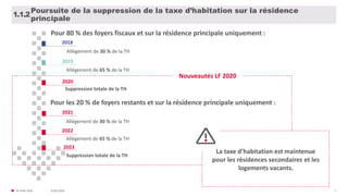 31/01/2020© FIDAL 2020 7
Poursuite de la suppression de la taxe d’habitation sur la résidence
principale
1.1.2
Pour 80 % des foyers fiscaux et sur la résidence principale uniquement :
2018
Suppression totale de la TH
Allègement de 30 % de la TH
2019
Allègement de 65 % de la TH
2020
Pour les 20 % de foyers restants et sur la résidence principale uniquement :
2021
Allègement de 30 % de la TH
2022
Allègement de 65 % de la TH
2023
Suppression totale de la TH
Nouveautés LF 2020
La taxe d’habitation est maintenue
pour les résidences secondaires et les
logements vacants.
 