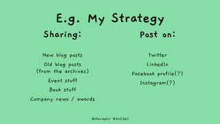 @steviephil #AntiSell
E.g. My Strategy
Sharing:
New blog posts
Old blog posts
(from the archives)
Event stuff
Book stuff
C...