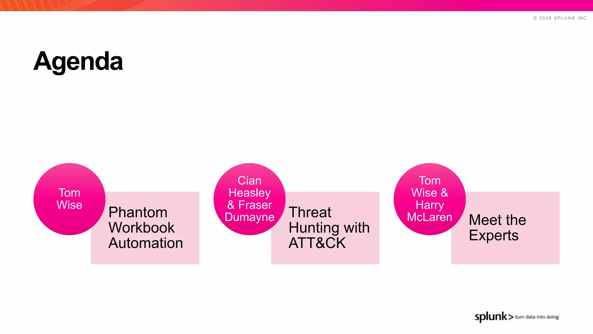 © 2 0 2 0 S P L U N K I N C .
Agenda
Phantom
Workbook
Automation
Tom
Wise
Threat
Hunting with
ATT&CK
Cian
Heasley
& Fraser
Dumayne Meet the
Experts
Tom
Wise &
Harry
McLaren
 