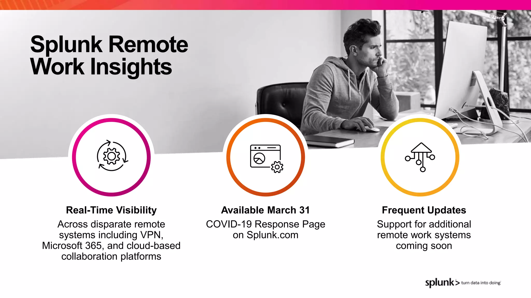 © 2 0 2 0 S P L U N K I N C .
Real-Time Visibility
Across disparate remote
systems including VPN,
Microsoft 365, and cloud-based
collaboration platforms
Available March 31
COVID-19 Response Page
on Splunk.com
Frequent Updates
Support for additional
remote work systems
coming soon
Splunk Remote
Work Insights
© 2020 SPLUNK INC.
 