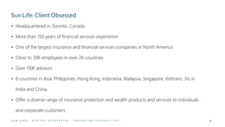 S U N L I F E •
Sun Life: Client Obsessed
D I G I T A L E N T E R P R I S E - A D V A N C I N G C A P A B I L I T I E S 26
• Headquartered in Toronto, Canada
• More than 150 years of financial services experience
• One of the largest insurance and financial services companies in North America
• Close to 30K employees in over 26 countries
• Over 110K advisors
• 8 countries in Asia: Philippines, Hong Kong, Indonesia, Malaysia, Singapore, Vietnam, JVs in
India and China.
• Offer a diverse range of insurance protection and wealth products and services to individuals
and corporate customers
 