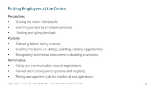 S U N L I F E •
Putting Employees at the Centre
D I G I T A L E N T E R P R I S E - A D V A N C I N G C A P A B I L I T I E S 29
Perspectives:
• Sharing the vision: OneSunLife
• Learning journeys by employee personas
• Seeking and giving feedback
Positivity
• Tolerating failure, taking chances
• Enabling the teams, re-skilling, upskilling, creating opportunities
• Recognizing incremental improvements/building champions
Performance
• Clarity and communication around expectations
• Fairness and Consequences (positive and negative)
• Flexing management style for traditional and agile teams
 