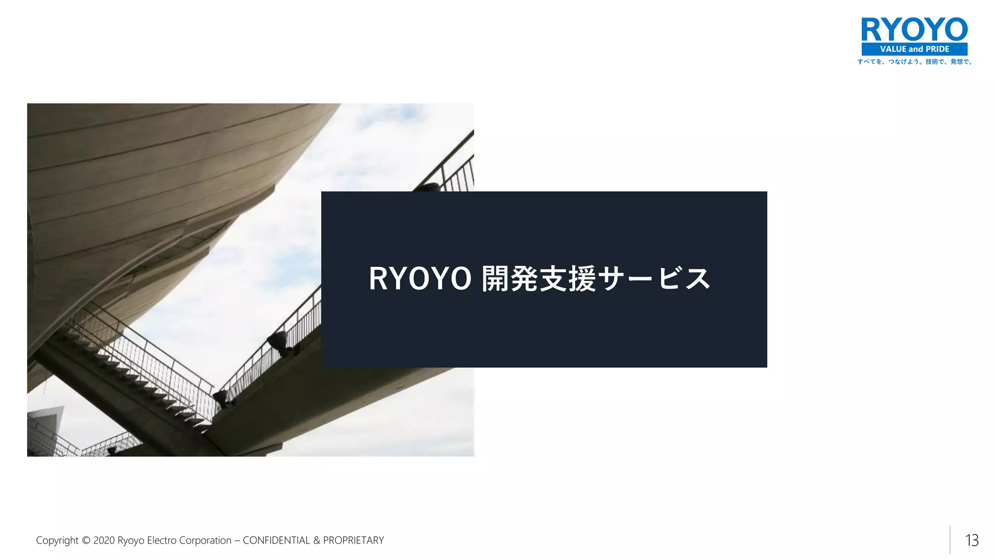 すべてを、つなげよう。技術で、発想で。
VALUE and PRIDE
Copyright © 2020 Ryoyo Electro Corporation – CONFIDENTIAL & PROPRIETARY
RYOYO 開発支援サービス
13
 
