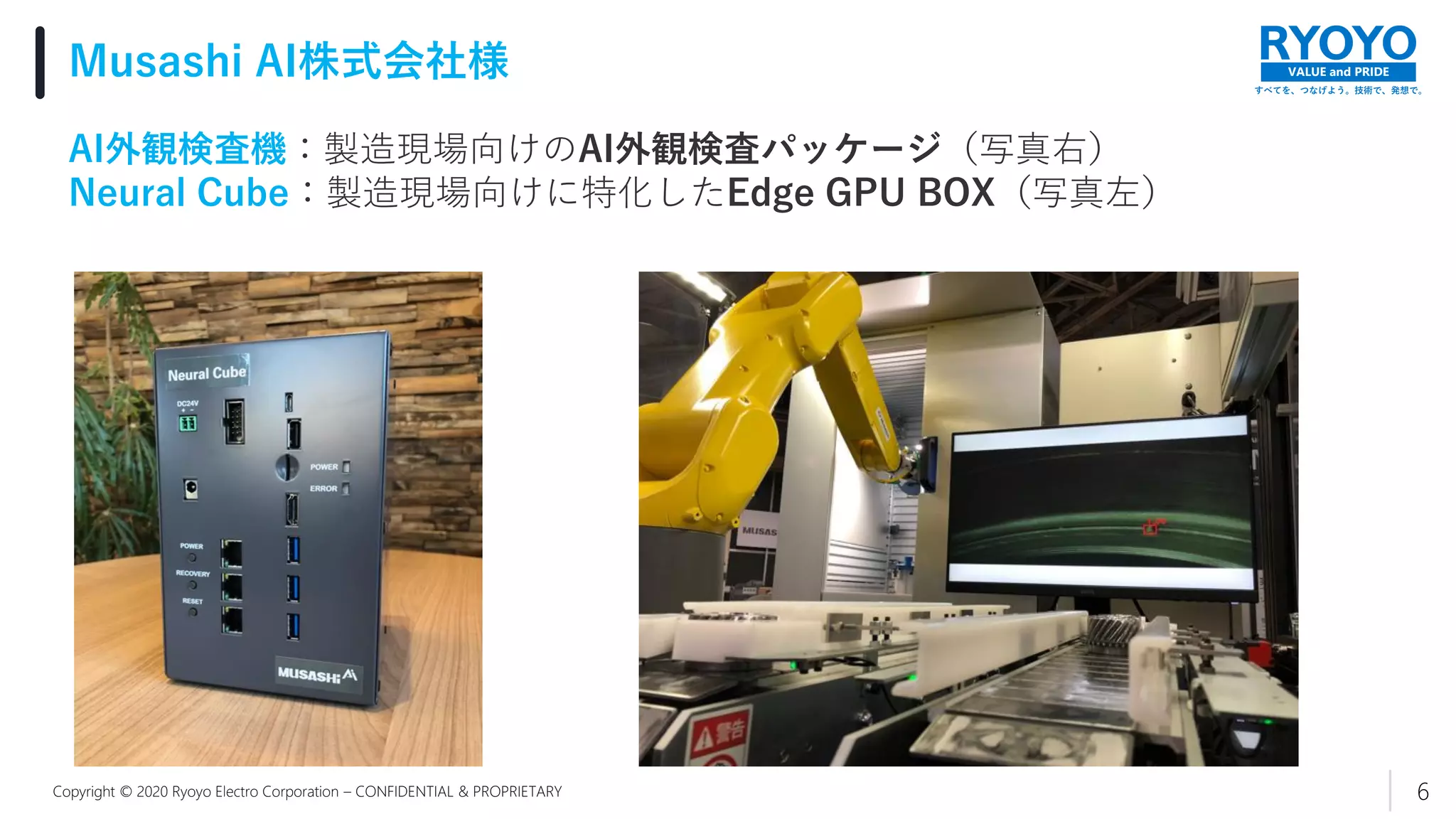 すべてを、つなげよう。技術で、発想で。
VALUE and PRIDE
Copyright © 2020 Ryoyo Electro Corporation – CONFIDENTIAL & PROPRIETARY
Musashi AI株式会社様
6
AI外観検査機：製造現場向けのAI外観検査パッケージ（写真右）
Neural Cube：製造現場向けに特化したEdge GPU BOX（写真左）
 