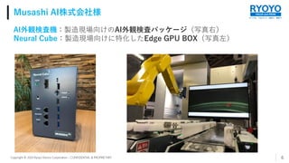 すべてを、つなげよう。技術で、発想で。
VALUE and PRIDE
Copyright © 2020 Ryoyo Electro Corporation – CONFIDENTIAL & PROPRIETARY
Musashi AI株式会社様
6
AI外観検査機：製造現場向けのAI外観検査パッケージ（写真右）
Neural Cube：製造現場向けに特化したEdge GPU BOX（写真左）
 