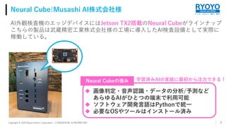 すべてを、つなげよう。技術で、発想で。
VALUE and PRIDE
Copyright © 2020 Ryoyo Electro Corporation – CONFIDENTIAL & PROPRIETARY
Neural Cube|Musashi AI株式会社様
7
AI外観検査機のエッジデバイスにはJetson TX2搭載のNeural Cubeがラインナップ
こちらの製品は武蔵精密工業株式会社様の工場に導入したAI検査設備として実際に
稼働している。
 画像判定・音声認識・データの分析/予測など
あらゆるAIがひとつの端末で利用可能
 ソフトウェア開発言語はPythonで統一
 必要なOSやツールはインストール済み
Neural Cubeの強み 学習済みAIの実装に最初から注力できる！
 