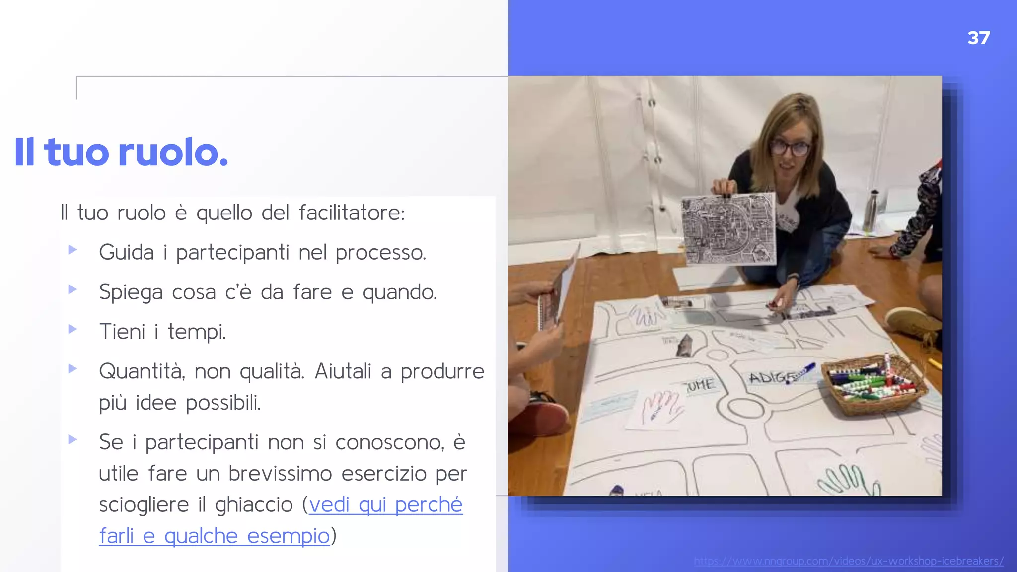 Il tuo ruolo.
Il tuo ruolo è quello del facilitatore:
▸ Guida i partecipanti nel processo.
▸ Spiega cosa c’è da fare e quando.
▸ Tieni i tempi.
▸ Quantità, non qualità. Aiutali a produrre
più idee possibili.
▸ Se i partecipanti non si conoscono, è
utile fare un brevissimo esercizio per
sciogliere il ghiaccio (vedi qui perché
farli e qualche esempio)
37
https://www.nngroup.com/videos/ux-workshop-icebreakers/
 