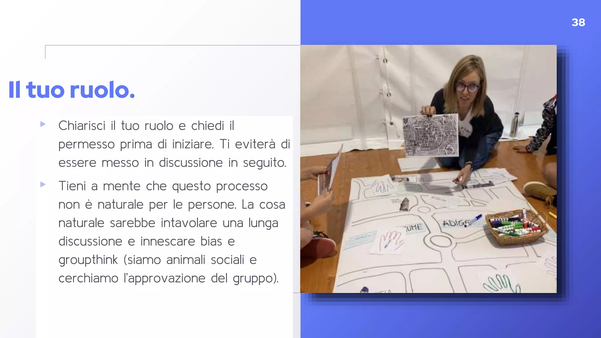 Il tuo ruolo.
▸ Chiarisci il tuo ruolo e chiedi il
permesso prima di iniziare. Ti eviterà di
essere messo in discussione in seguito.
▸ Tieni a mente che questo processo
non è naturale per le persone. La cosa
naturale sarebbe intavolare una lunga
discussione e innescare bias e
groupthink (siamo animali sociali e
cerchiamo l’approvazione del gruppo).
38
 