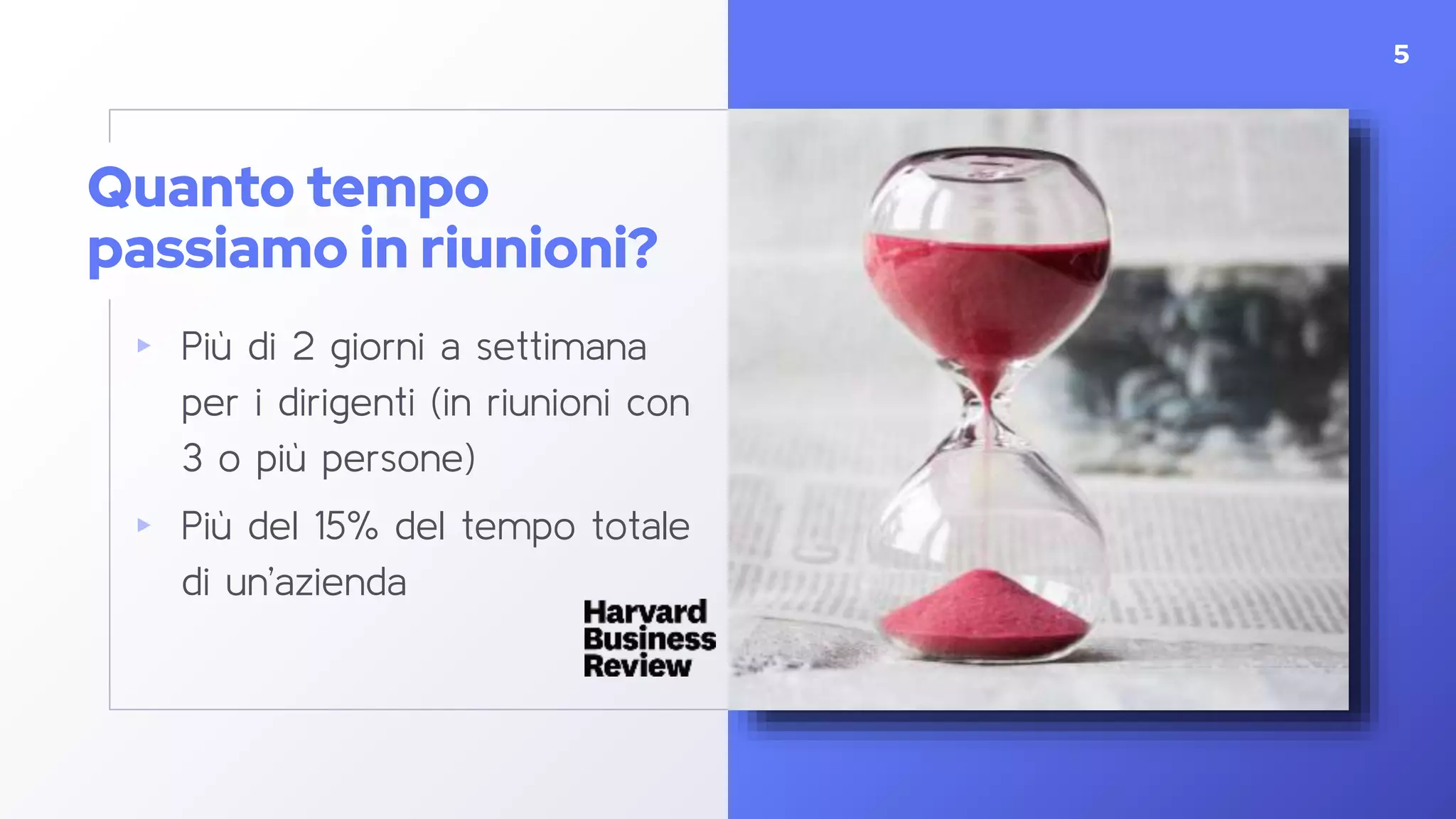 Quanto tempo
passiamo in riunioni?
▸ Più di 2 giorni a settimana
per i dirigenti (in riunioni con
3 o più persone)
▸ Più del 15% del tempo totale
di un’azienda
5
 