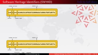 Software Heritage Identifiers (SWHID) link to full docs
Roberto Di Cosmo www.softwareheritage.org Software Heritage: key infrastructure CC-BY 4.0 June 1st, 2020 10 / 12
 
