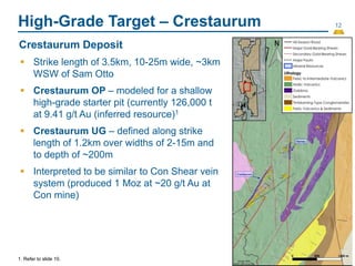 12
High-Grade Target – Crestaurum
Crestaurum Deposit
 Strike length of 3.5km, 10-25m wide, ~3km
WSW of Sam Otto
 Crestaurum OP – modeled for a shallow
high-grade starter pit (currently 126,000 t
at 9.41 g/t Au (inferred resource)1
 Crestaurum UG – defined along strike
length of 1.2km over widths of 2-15m and
to depth of ~200m
 Interpreted to be similar to Con Shear vein
system (produced 1 Moz at ~20 g/t Au at
Con mine)
1. Refer to slide 10.
 