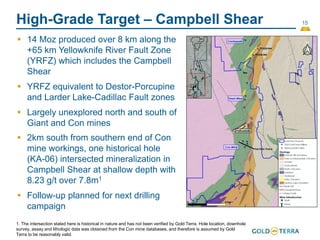 15
High-Grade Target – Campbell Shear
 14 Moz produced over 8 km along the
+65 km Yellowknife River Fault Zone
(YRFZ) which includes the Campbell
Shear
 YRFZ equivalent to Destor-Porcupine
and Larder Lake-Cadillac Fault zones
 Largely unexplored north and south of
Giant and Con mines
 2km south from southern end of Con
mine workings, one historical hole
(KA-06) intersected mineralization in
Campbell Shear at shallow depth with
8.23 g/t over 7.8m1
 Follow-up planned for next drilling
campaign
1. The intersection stated here is historical in nature and has not been verified by Gold Terra. Hole location, downhole
survey, assay and lithologic data was obtained from the Con mine databases, and therefore is assumed by Gold
Terra to be reasonably valid.
 