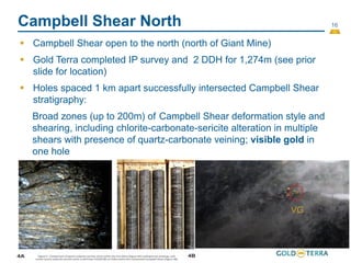 16
Campbell Shear North
 Campbell Shear open to the north (north of Giant Mine)
 Gold Terra completed IP survey and 2 DDH for 1,274m (see prior
slide for location)
 Holes spaced 1 km apart successfully intersected Campbell Shear
stratigraphy:
Broad zones (up to 200m) of Campbell Shear deformation style and
shearing, including chlorite-carbonate-sericite alteration in multiple
shears with presence of quartz-carbonate veining; visible gold in
one hole
VG
 