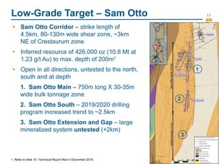 17
Low-Grade Target – Sam Otto
1
2
3
 Sam Otto Corridor – strike length of
4.5km, 80-130m wide shear zone, ~3km
NE of Crestaurum zone
 Inferred resource of 426,000 oz (10.8 Mt at
1.23 g/t Au) to max. depth of 200m1
 Open in all directions, untested to the north,
south and at depth
1. Sam Otto Main – 750m long X 30-35m
wide bulk tonnage zone
2. Sam Otto South – 2019/2020 drilling
program increased trend to ~2.5km
3. Sam Otto Extension and Gap – large
mineralized system untested (+2km)
1. Refer to slide 10. Technical Report filed in December 2019.
 