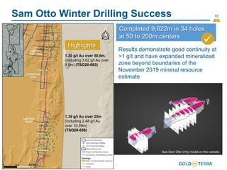 18
Sam Otto Winter Drilling Success
Results demonstrate good continuity at
>1 g/t and have expanded mineralized
zone beyond boundaries of the
November 2019 mineral resource
estimate
TSO-054 240
Completed 9,622m in 34 holes
at 50 to 200m centers
Highlights
1.30 g/t Au over 50.6m,
(including 3.02 g/t Au over
9.0m) (TSO20-083)
1.39 g/t Au over 25m
(including 2.48 g/t Au
over 10.59m)
(TSO20-058)
See Sam Otto Vrify model on the website.

 