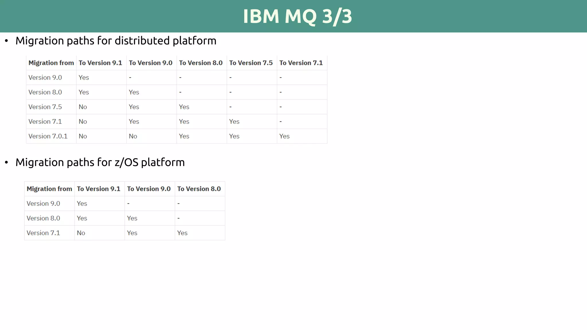 IBM MQ 3/3
• Migration paths for distributed platform
• Migration paths for z/OS platform
 