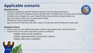 Applicable scenario
Dynamic Forms
• Dynamic visibility by specific field (eg. Dynamic form by Approval Status)
• Combine with Path Component (eg. Look like Path's key fields But can place over 5 fields)
• Visibility control depend to user's specific field value, profile, and permission set
(eg. Only Sales profile user can see specific field)
• UI behavior control with visibility
(eg. Can see the field with edit when status is Draft else see the field with read-only)
Dynamic Actions
• Actions you can use anytime (eg. New contact, new opportunity, new task/event)
• Actions that can be used only under certain conditions
Hidden clone some condition
Hidden approval when record can’t submit
Hidden edit some condition
 