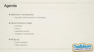 Agenda
● Welcome / Introduction
○ Say Hello / Self Introduction / Ice breaking
● About Dynamic Pages
○ Overview
○ How to
○ Applicable scenario
○ Limitation / Consideration
● Wrap up
○ Session feedback
○ Take a Capture :)
 