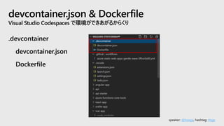 speaker: @hoisjp, hashtag: #tsjp
devcontainer.json & Dockerfile
Visual Studio Codespaces で環境ができあがるからくり
.devcontainer
devcontainer.json
Dockerfile
 