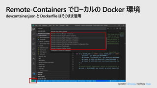 speaker: @hoisjp, hashtag: #tsjp
Remote-Containers でローカルの Docker 環境
devcontainer.json と Dockerfile はそのまま活用
 
