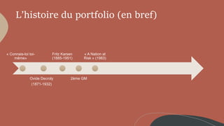 L’histoire du portfolio (en bref)
« Connais-toi toi-
même»
Ovide Decroly
(1871-1932)
Fritz Karsen
(1885-1951)
2ème GM
« A Nation at
Risk » (1983)
 