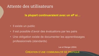 Attente des utilisateurs
la plupart continueraient avec un eP si…
CRÉATION D’UNE COMMUNAUTÉ DE PRATIQUE
Lav et Wenger (2004)
 