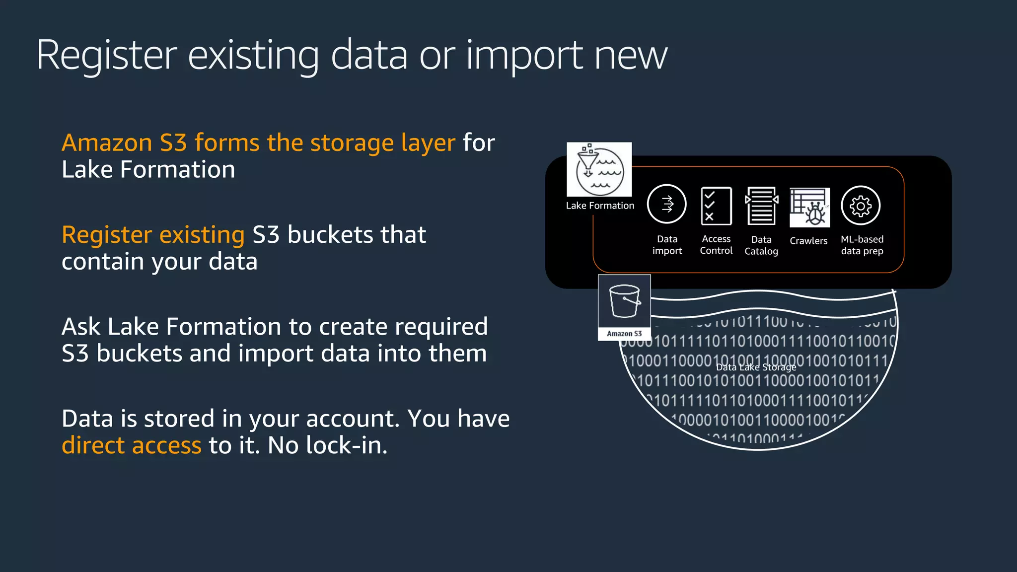 Register existing data or import new
Amazon S3 forms the storage layer for
Lake Formation
Register existing S3 buckets that
contain your data
Ask Lake Formation to create required
S3 buckets and import data into them
Data is stored in your account. You have
direct access to it. No lock-in.
Data Lake Storage
Data
Catalog
Access
Control
Data
import
Lake Formation
Crawlers ML-based
data prep
 