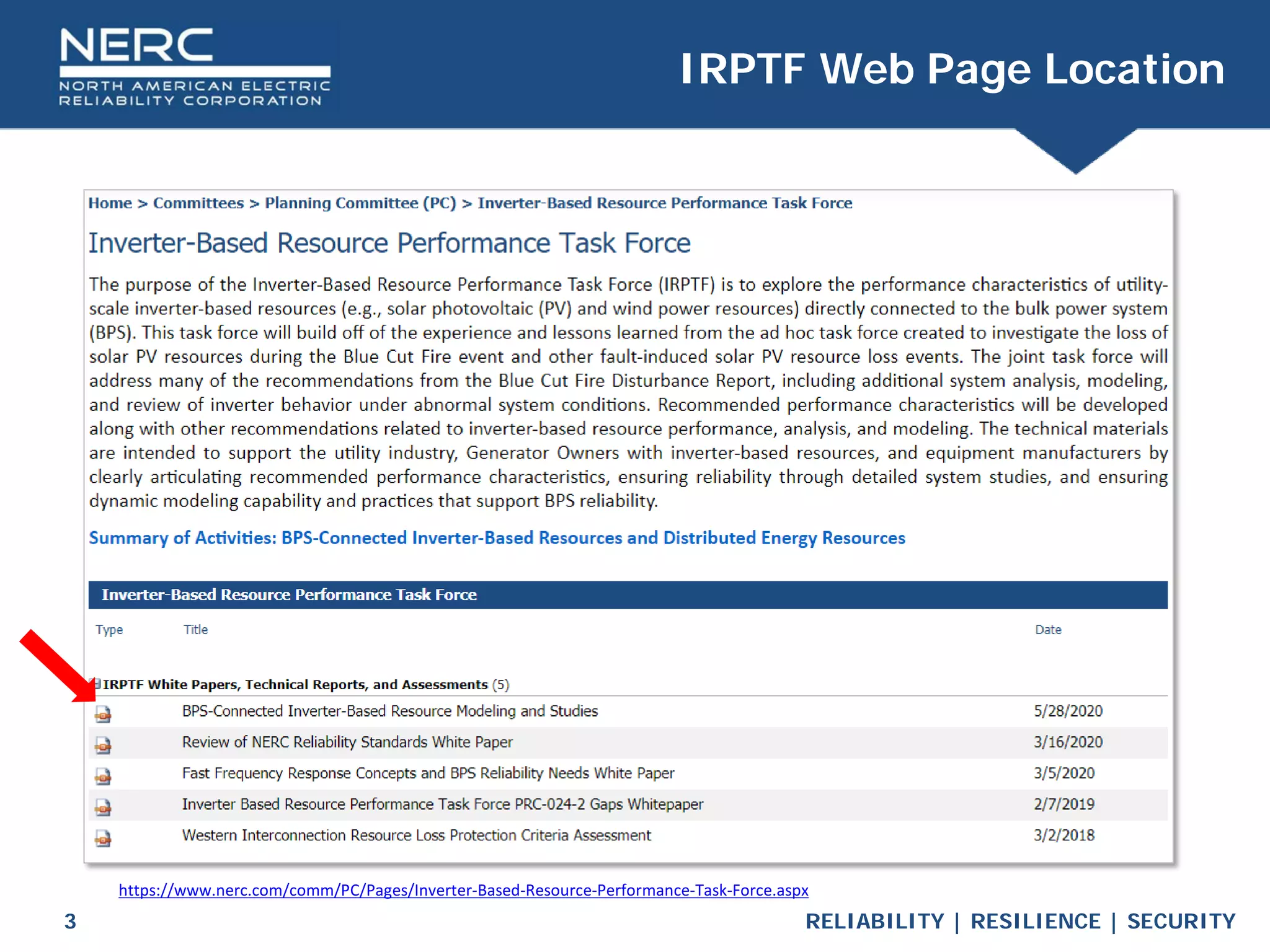 RELIABILITY | RESILIENCE | SECURITY
3
IRPTF Web Page Location
https://www.nerc.com/comm/PC/Pages/Inverter-Based-Resource-Performance-Task-Force.aspx
 