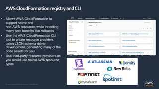 © 2020, Amazon Web Services, Inc. or its Affiliates.
AWSCloudFormationregistryandCLI
• Allows AWS CloudFormation to
support native and
non-AWS resources while inheriting
many core benefits like rollbacks
• Use the AWS CloudFormation CLI
tool to create resource providers
using JSON schema-driven
development, generating many of the
code assets for you
• Use third-party resource providers as
you would use native AWS resource
types
 