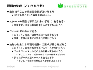 課題の整理（というか予想）
 動物相手なので季節性変動が強いだろう
 1日でも早くデータ収集を開始したい
 スタートの段階で不明点が多すぎる（ITあるある）
 仕様変更、追加に最大限備える必要があるだろう
 フィールドが山中である
 おそらく、電源／通信状況は不安定であろう
 重複、欠落が頻発する可能性が高いだろう
 地形や対象により現地機器への要求が異なるだろう
 おそらく、現物合わせで逃げるケースが多いだろう
 データフォーマットその他の仕様が変わるだろう
 そして、こちらに変更が知らされない場合もあるだろう
 誤ったデータが届くケースもあるだろう
 そして、予告なく突然修正される場合もあるだろう
2020/07/28 ©2020 Greennote Inc. All Right Reserved. 9
 