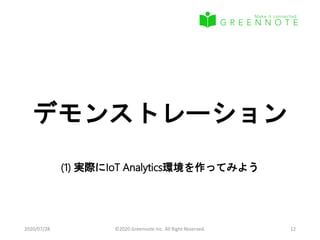 デモンストレーション
(1) 実際にIoT Analytics環境を作ってみよう
2020/07/28 ©2020 Greennote Inc. All Right Reserved. 12
 