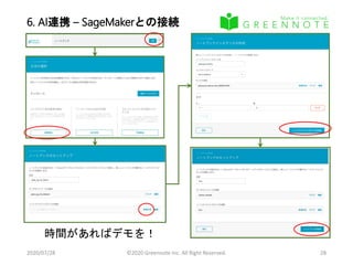 6. AI連携 – SageMakerとの接続
2020/07/28 ©2020 Greennote Inc. All Right Reserved. 28
時間があればデモを！
 