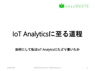 IoT Analyticsに至る道程
如何にして私はIoT Analyticsにたどり着いたか
2020/07/28 ©2020 Greennote Inc. All Right Reserved. 3
 