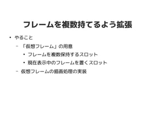 フレームを複数持てるよう拡張
●
やること
– 「仮想フレーム」の用意
●
フレームを複数保持するスロット
●
現在表示中のフレームを置くスロット
– 仮想フレームの描画処理の実装
 