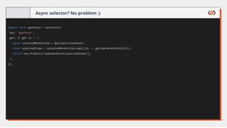 Async selector? No problem ;)
export const geofence = selector({
key: 'geofence',
get: ({ get }) => {
const selectedMarkersIds = get(selectionAtom);
const selectedItems = selectedMarkersIds.map((id) => get(markerWithId(id)));
return new Promise(createGeofence(selectedItems));
},
});
 