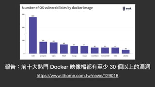 報告：前⼗⼤熱⾨ Docker 映像檔都有⾄少 30 個以上的漏洞
https://www.ithome.com.tw/news/129018
 