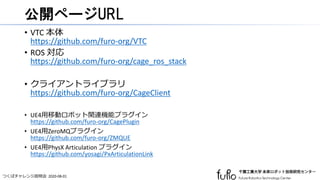 つくばチャレンジ説明会 2020-08-01
公開ページURL
• VTC 本体
https://github.com/furo-org/VTC
• ROS 対応
https://github.com/furo-org/cage_ros_stack
• クライアントライブラリ
https://github.com/furo-org/CageClient
• UE4用移動ロボット関連機能プラグイン
https://github.com/furo-org/CagePlugin
• UE4用ZeroMQプラグイン
https://github.com/furo-org/ZMQUE
• UE4用PhysX Articulation プラグイン
https://github.com/yosagi/PxArticulationLink
 
