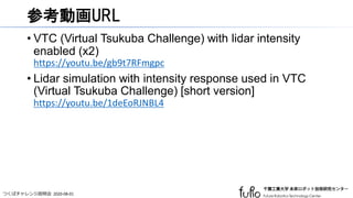 つくばチャレンジ説明会 2020-08-01
参考動画URL
• VTC (Virtual Tsukuba Challenge) with lidar intensity
enabled (x2)
https://youtu.be/gb9t7RFmgpc
• Lidar simulation with intensity response used in VTC
(Virtual Tsukuba Challenge) [short version]
https://youtu.be/1deEoRJNBL4
 